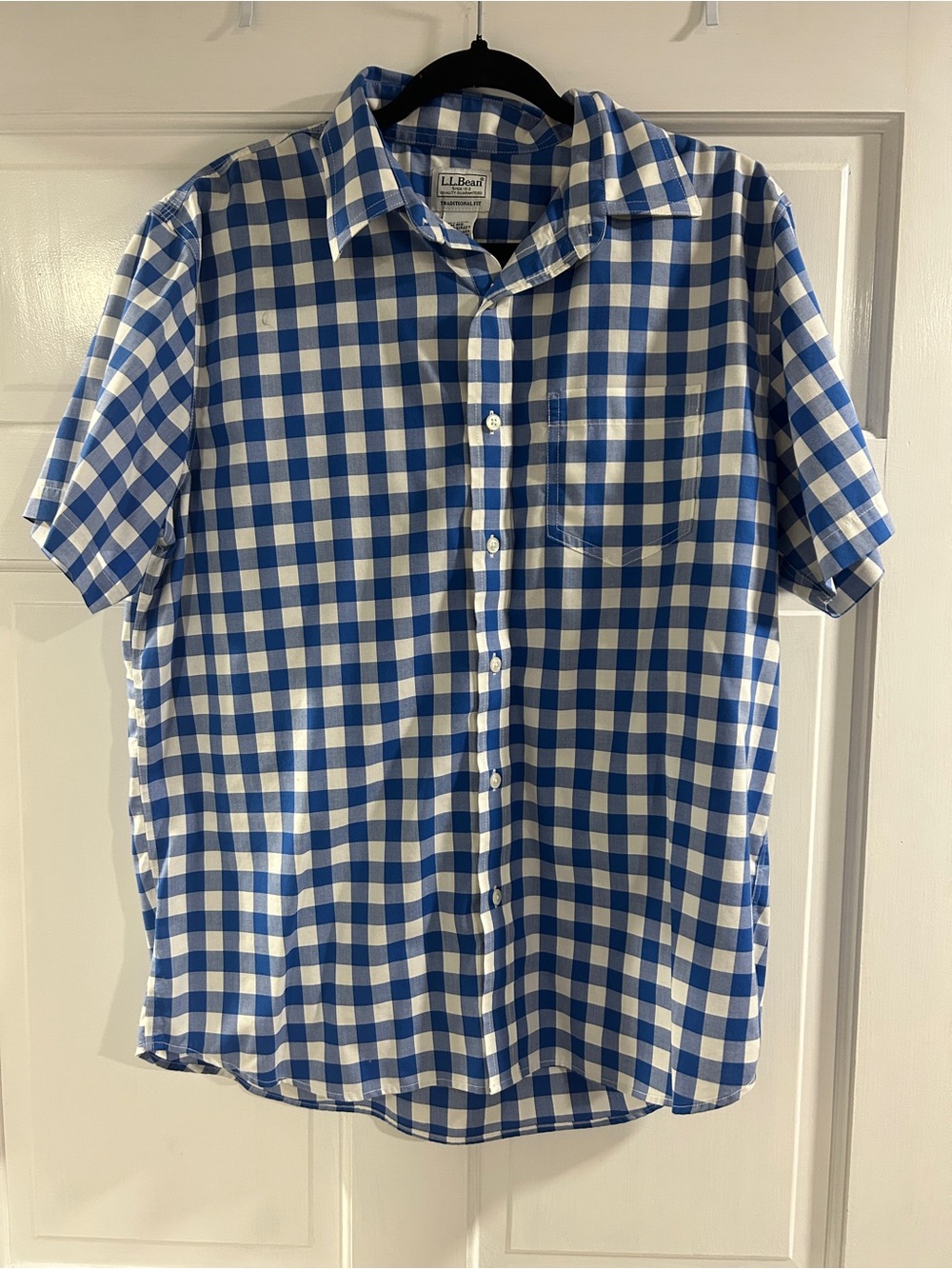 L.L. Bean Blue and White Gingham Short-Sleeve Button-Down Shirt